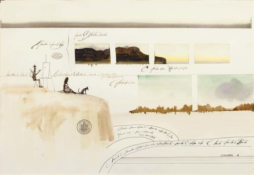 STEINBERG, SAUL (Râmnicu-Sarat 1914 - 1999 New York) ART AND ARTISTS. 1966. Water colour and pen on paper. Signed and dated lower right: Steinberg 66. 41 x 58.5 cm. Provenance: - Obelisk Gallery, Boston. - Swiss private collection.