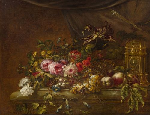 Circle of HUILLOT, CLAUDE (Reims 1632 - 1702 Paris) Still life of flowers with fruits on a stone plinth. Oil on canvas. 69 x 89 cm.