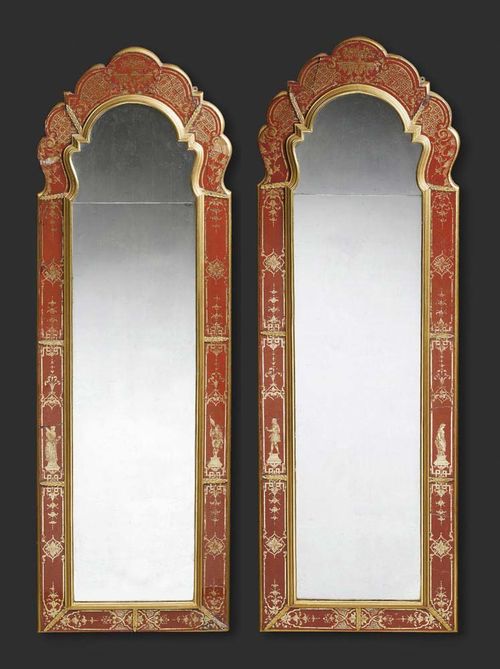 PAIR OF NARROW MIRRORS WITH "VERRE EGLOMISE",Louis XV, Germany or Sweden circa 1730/50. Pierced giltwood also decorated with very fine "Hinterglasmalerei"; with figural scenes, flowers, leaves and frieze on red ground. Some losses. H 185 cm, W 57 cm. Provenance: Château de Vincy, West Switzerland