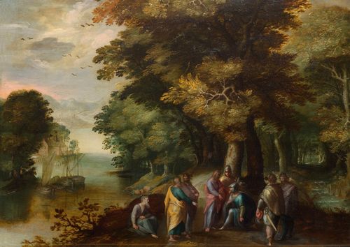 Follower of VINCKEBOONS, DAVID (Mecheln 1576 - circa 1632 Amsterdam) Christ with three disciples and soldiers in a landscape. Oil on panel. 35.2 x 48.3 cm.