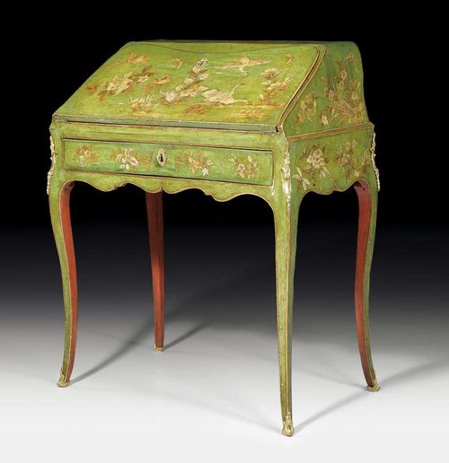 LACQUER LADY'S DESK "EN VERNIS MARTIN",Louis XV, probably by A. DELORME (Adrien Delorme, maitre 1748), Paris circa 1760. Wood lacquered on all sides: with exotic birds in idealised landscape in various gold tones on green ground. Shaped desk with tall shaped legs, with fall-front writing surface over drawer lined with green gold stamped leather, with later red-painted fitted interior. With gilt bronze mounts and sabots. Freestanding. With alterations. 70x42x(open 67)x92 cm. Provenance: Château de Vincy, West Switzerland.