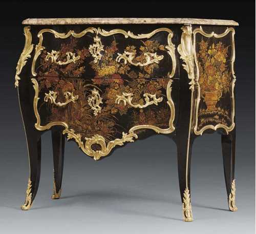 LACQUER CHEST OF DRAWERS,Louis XV, stamped N. GREVENICH (Nicolas Grevenich, maitre 1770), Paris circa 1750/60. Wood lacquered on all sides in the "Chinese style" with exceptionally fine polychrome bouquets of flowers and leaves on a black ground. The chest with salient front angles and tall shaped legs, slightly bombé front with 2 sans traverse drawers, exceptionally fine matte and polished gilt bronze mounts, sabots and frieze and richly shaped "Brèche d'Alep" top. 96.5x51x86 cm. Provenance: from a Paris private collection.