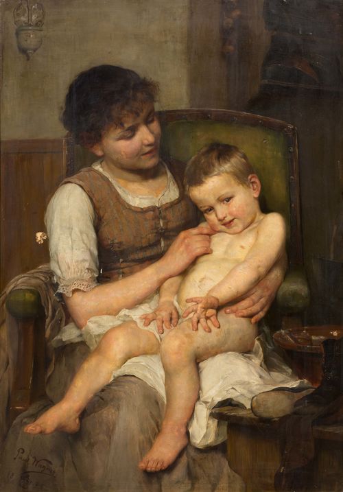 WAGNER, PAUL HERMANN (Rothenburg 1852–1937 Kochel am See) Mother and child. 1884. Oil on panel. Signed and dated lower left: Paul Wagner. 1884. 69 x 47 cm.