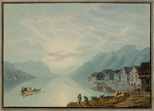 CANTON SCHWYZ.- Franz Hegi after Johann Jakob Wetzel (1781-1834). Vue de Brunnen vers le canton d' unterwalden. Aquatint etching with original colour, 19.5 x 27.5 cm. – Cut as far as the image and with old mount. Minor foxing, otherwise the colours fresh.