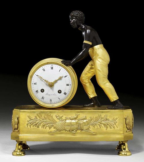 PENDULE "NEGRE ROULANT UN TONNEAU",Directoire, the bronzes by J.A. REICHE (Jean André Reiche, active circa 1810/20), the dial signed FAIZAN A PARIS (active circa 1805/10), Paris circa 1800/1810. Matte and polished gilt bronze and burnished bronze. With a standing Moor rolling the barrel shaped case. The clock with enamel dial and fine anchor escapement striking the 1/2 hours on bell. 28x11x33 cm.