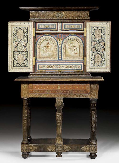 LEATHER CABINET,Revival style, workshop of G. BOELS (active circa 1870/90), the painting signed MATLOT, verso with label from the Royal and Imperial court dispatcher R. PERL, Vienna circa 1890. Wood lined with embossed, gilt and painted leather. The rectangular cabinet with overhanging cornice set on a table-like support with 1 drawer in the frieze. The cabinet with double door finely painted with putti. The embossed fitted interior also finely painted with arabesques with 2 arched doors and drawers. With fine bronze and brass mounts.  98x39x168 cm.