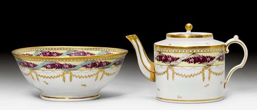 TEA POT AND BOWL,Nyon, 1781-1813. Each piece painted with a purple flower garland, with a band in grisaille and turquoise on a yellow ground, flanked by gold borders and festoons. Underglaze blue fish mark on the bowl. H tea pot 12 cm, D bowl 20 cm. Small repair on the edge (bowl). Provenance: Private collection, Geneva.
