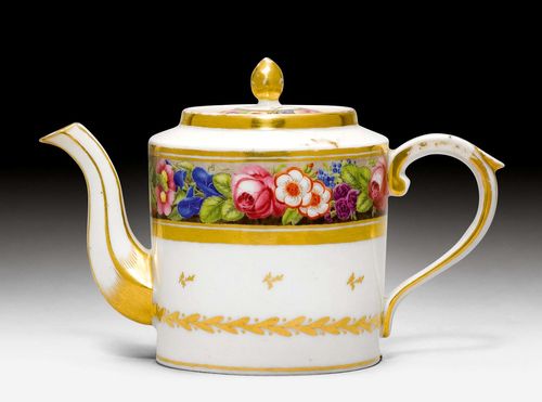 SMALL TEA POT,Nyon, ca. 1781-1813. Surrounding, colourful flower border, between gold bands. Underglaze blue fish mark. H 10 cm. Gilding, partly rubbed. Provenance: Private collection, Geneva.
