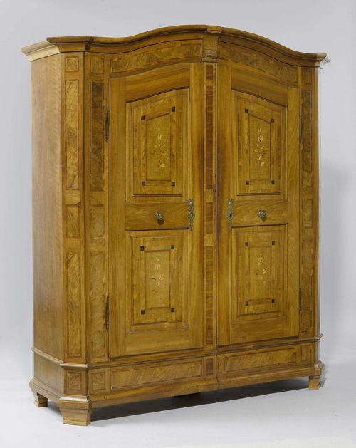 A CUPBOARD, Lake Constance area, dated 1815. Walnut, burlwood and other woods inlaid. Brass mounts. 176x62x201 cm. 1 key.