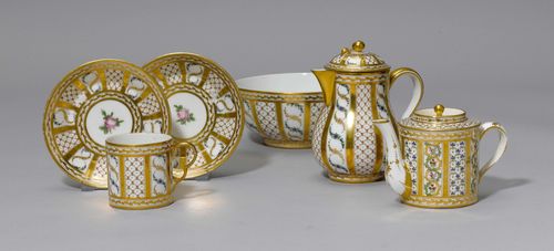 PARTS OF A TEA AND COFFEE SERVICE,Paris, Clignancourt, ca. 1790/1800. Painted with colourful textile borders accentuated in gold between gold bands. Comprising:  1 hot water pot, 1 'litron' cup and 2 saucers, 1 bowl and 1 small tea pot, matching, with similar decoration. Monogram and crowned M printed in iron red. Spout of the tea pot, slightly chipped. H tea pot 10 cm. (8) Provenance: Private collection, Geneva.