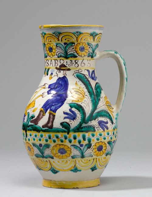 CERAMIC JUG 'WENDELIN SABO 1863',Slovakia, dated 1863. Colourful painting, incised mark. Depicting a farmer ploughing, framed with tendrils.Height 26,7 cm.