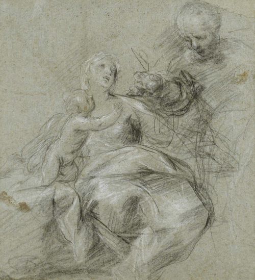 ITALIAN SCHOOL, 17TH CENTURY Study of the Holy Family. Verso arm and knee studies. Black and white chalk on blue-grey wove paper. 22 x 19.8 cm. framed.