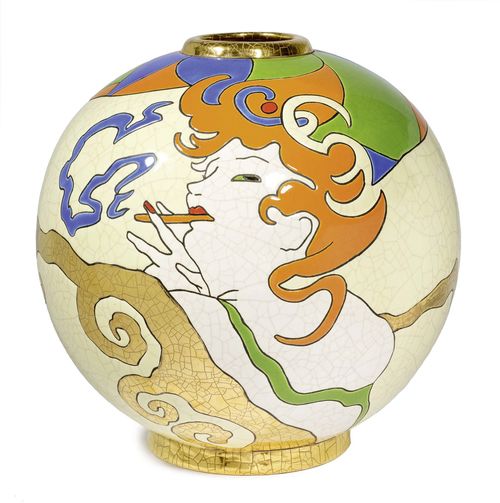 FRENCH PIECE GLOBE VASE, "Lorette" model for Longwy. Porcelain with polychrome decoration depicting a woman smoking. Number 19 of 50. H 33 cm.