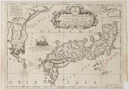 JAPAN - KOREA.-Vincenzo Maria Coronelli, Venice , 1692. Isola del Giapone e Penisola di Corea... Copperplate engraved map, 45.5 x 61.5 cm. - The upper and lower margin cut, partly to the plate edge or just with the edge. The right margin also cut to the plate edge. Both lower corner areas with slight water damage. Good overall impression nevertheless.