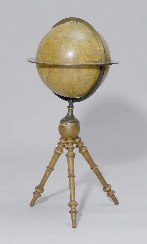 GLOBE,France, Maison DE LA MAMRCHE, dated 1878. Papier-mâché globe with applied 2x 12 lithographed segments. Full meridian ring. In a round wooden frame with three feet. D 35 cm, H 88 cm. Some losses.
