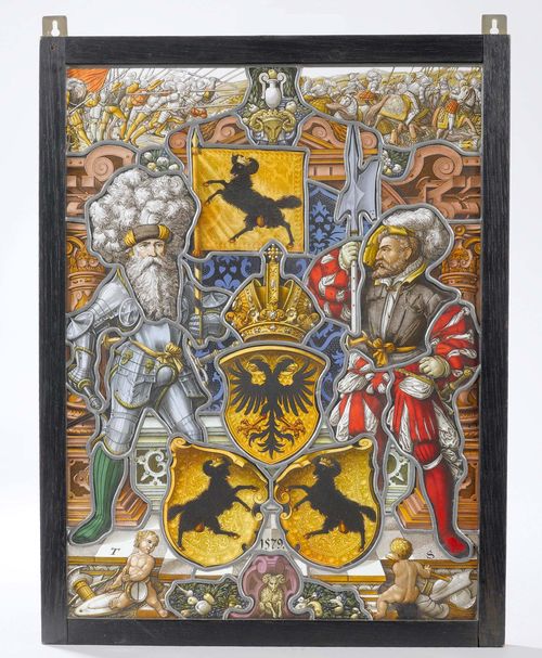 STAINED GLASS COAT OF ARMS "SCHAFFHAUSEN",dated 1579, monogrammed "TS" (Tobias Stimmer), 20th century. Leaded glass. Double coat of arms with a black ram on a gold background, crowned double eagle, two vassals wearing armour on the sides. 54x40 cm.