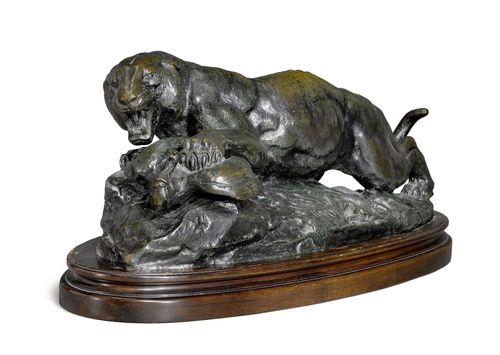 ANTOINE LOUIS BARYE (1796-1875). Bronze, green patinated, on a wooden base. Tiger preying on a peacock. Foundry mark: F. BARBEDIENNE. FONDEUR. PARIS. Signed BARYE. Later casting, 20th century. L 46, H 18 cm.