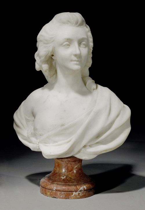 BUST OF A LADY,France, in the style of the 18th century. White marble. Sculpture of a young woman facing left, finished all around. On a rounded, red marble base. H 61 cm.