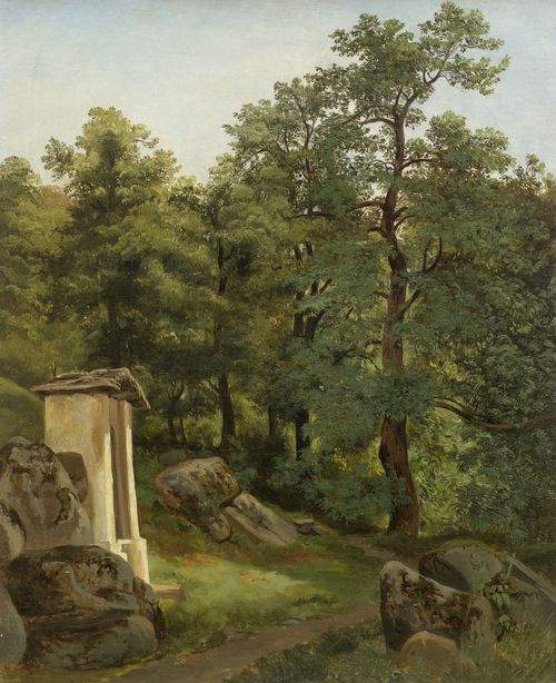 CALAME, ALEXANDRE and workshop (Vevey 1810 - 1864 Menton) Forest clearing with small chapel. 1840. Oil on canvas. 45 x 37 cm. Expertise: Valentina Anker, Geneva 1998.