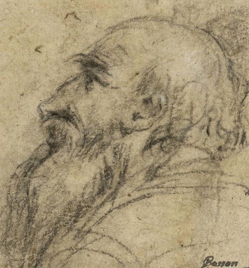 Attributed to BASSANO, JACOPO DA PONTE (1510 Bassano del Grappa 1592) Study of a bearded man in profile to the left. Verso study of a man (fragment). Black chalk, heightened in white. Old inscription lower right in black pen: Bassan. 12 x 11 cm.