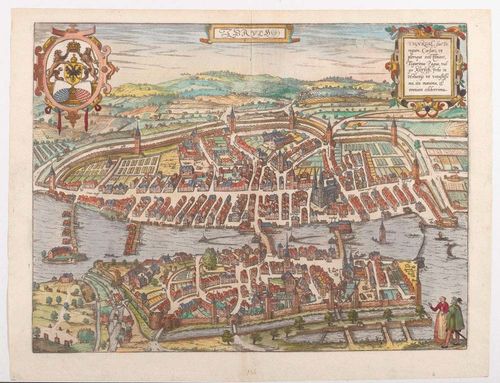 ZÜRICH.-Braun and Hogenberg, ca. 1580. Zurych. General bird's eye view. Col. Copperplate. With large coat of arms cartouche and engraved pair in traditional costume in lower right corner. 36.2 x 48 cm.