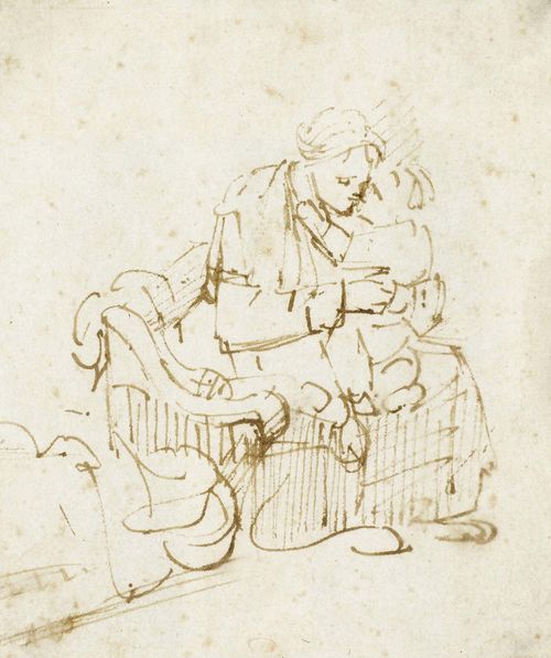 KONINCK, PHILIPS (1619 Amsterdam 1688) Young woman seated, cuddling her small child standing on her lap. Brown pen. 10.4 x 8.7 cm. Provenance: -Collection of A.P.F. Robert-Dumesnil, Lugt 2200 - Collection of J. de Vos Ibzn, Lugt 1450 - Collection of J.P. Heseltine, Lugt 1508 - Collection of Cornelius Hofstede de Groot, Lugt 561 - C.G. Boerner, Leipzig, 4.11.1931. cat. no. 164 - Private collection, Germany Literature: - Michel 1893. No. 18 (as Rembrandt) - Hofstede de Groote, 1020 (as Rembrandt) - Heseltine Drawings 1907. No. 48 with ill. (as Rembrandt) - Gerson 1936. p. 161. Z.235 (as P. Koninck) - Sumowski, 1982. Vol. 6 No. 1411 (as P. Koninck)