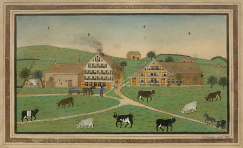 HEUSCHER, JOHANN JAKOB (Herisau 1843 - 1901 St. Gallen) Idyllic landscape. 1893. Mixed media on paper. Signed, inscribed and dated lower right: J. J. Heuscher. Schlotz. 1893. 28 x 50 cm.