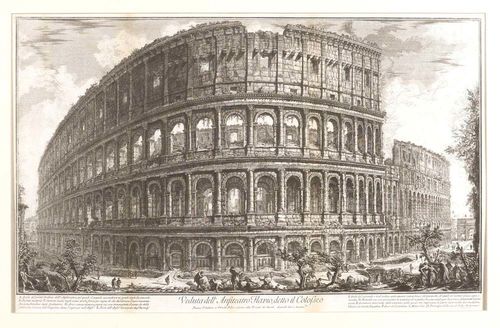 PIRANESI, GIOVANNI BATISTA (Mogliano - 1778 Rome).Veduta dell' Anfiteatro Flavio, detto il Colosseo, 1757. From: Vedute di Roma. Etching. Hind 57 I ( of IV); Focillon 758; Wilton-Elxy 191. With address and price. Two expertly restored tears in upper margin. Verso: Fully backed on japanese paper. Cleaned. 40.5 x 68.5 cm. Framed.