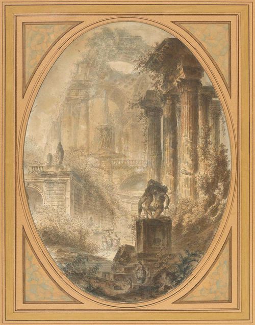 PERNET, JEAN HENRY ALEXANDRE (Paris, before 1763 - after 1789) Landscape with ruin. Pen in grey, watercolour. 42.7 x 31 cm (in oval). Framed.