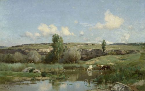 ZUBER, HENRI (Rixheim 1844 - 1909 Paris) Cows at the water’s edge, probably in Provence. 1881. Oil on canvas. Signed and dated lower left: H. Zuber. 1881. 42.5 x 65.5 cm.