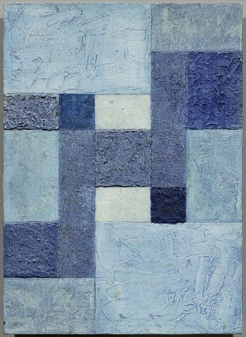 GESSNER, ROBERT SALOMON (Zurich 1908 - 1982 Locarno) Bewegtes Blau. 1963. Mixed media on panel. Signed, dated and entitled verso on fibreboard panel of the original frame: Rob. S. Gessner 1963 Bewegtes Blau. 28 x 20 cm.