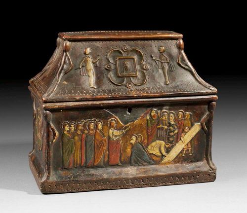 SMALL MONEY BOX WITH "PASTIGLIA" RELIEF,Renaissance, Italy, 15th/16th century Wood, decorated on all sides with polychrome Biblical scenes. The hinged lid with slit. Inside lined with old hand-written documents. 33x17x29 cm. Provenance: from a German collection.