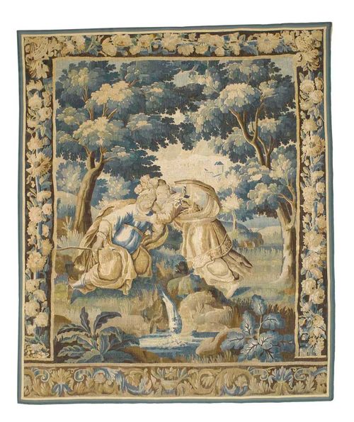TAPESTRY,Early Baroque, Flemish, 17/18th century Pair of lovers in an idealised landscape in antique style. With a rich border of flowers and leaves. H 270 cm, W 215 cm. Provenance: from a German collection.