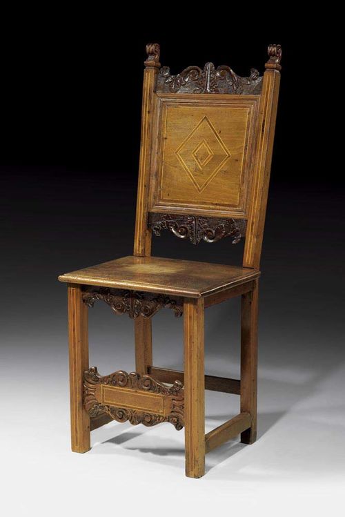 CHAIR, early Baroque, Italy, 18th century Walnut and fruitwoods inlaid with fillets. With stretcher, flat backrest and lateral scrolls. 53x38x52x115 cm. Provenance: Private collection Zurich.