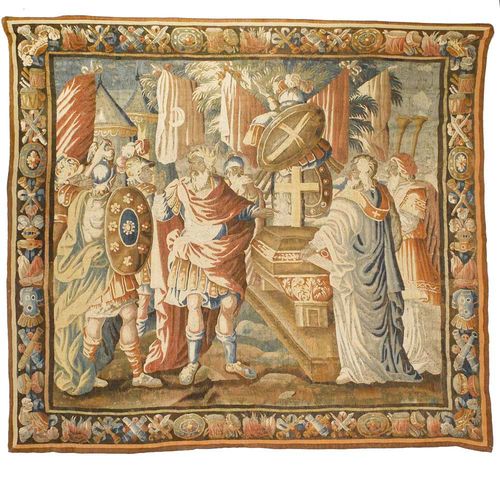TAPESTRY,Early Baroque, probably  Flemish, 17/18th century With figural scene of Roman soldiers before an encampment. With fine border of flowers and military emblems. H 275 cm, W 285 cm. Provenance: from a German collection