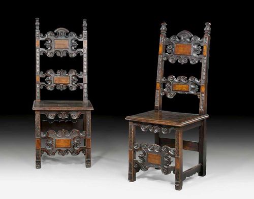 PAIR OF CHAIRS,Early Baroque, Northern Italy, 17th century Shaped and pierced walnut. Some alterations. 53x44x53x128 cm. Provenance: from a German collection.