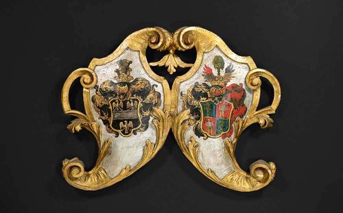 PARCEL-GILT AND PAINTED ARMORIAL CARTOUCHE, Baroque, Austria, 18th century With two princely coats of arms. Some minor losses. H 57 cm, W 72 cm. Provenance: Private collection Zurich.