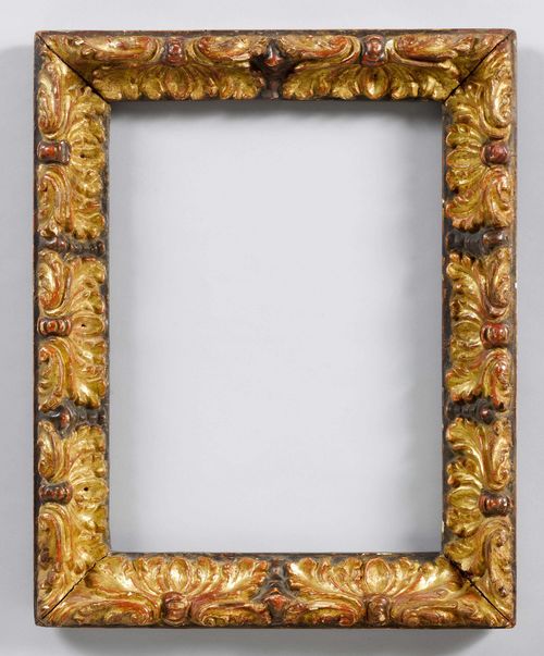 PICTURE FRAME,Spanish, 18th century. Wood, carved and painted in red/gold. Rectangular frame with circumferential leaf decoration. Dimensions 31.6 x 43.5 cm. 46 x 57.5 cm.