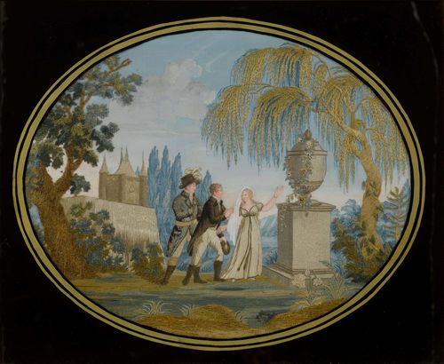 BRODERIE, 19th century. Oval. Watercolour and embroidery. A Visit to the Park. 25x29 cm. Framed.