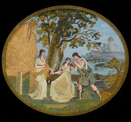 BRODERIE, France, 19th century. Oval. Watercolour with embroidery. Gallant scene with 3 people along the riverbank. Framed. 24x29 cm.