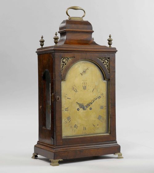 BRACKET CLOCK,George III, England, 18th century. The movement signed GRAVELL&TOLKIEN (mentioned in London 1795x1825). Mahogany. Rectangular case, glazed all around. Engraved brass dial with merchant's signature BROTHERS MELLY & MARTIN LONDON. Movement with finely engraved plate,  verge escapement, and  striking the 1/2-hour on bell. Movement with main spring. H 59 cm.