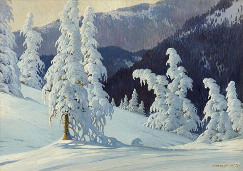 HAUPTMANN, KARL (1880 Germany 1947) Snow-covered fir tree on Feldberg. Oil on canvas. Signed lower right: K. Hauptmann. 50 x 71 cm.