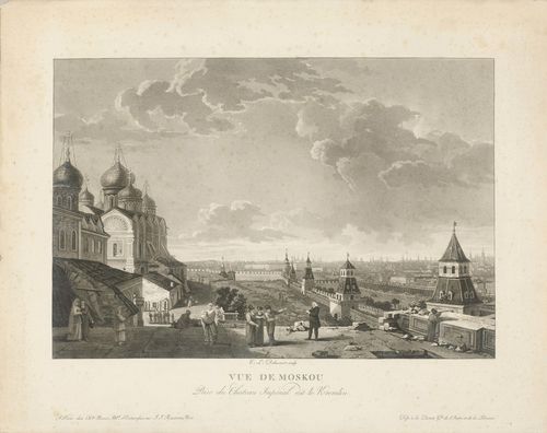 RUSSIA – MOSCOW -Philibert-Louis Debucourt (1755-1832). Vue de Moskou Prise du Chateau Impérial dit le Kremlin. Aquatint etching 41.7 x 53.5 cm. – Even, light foxing.