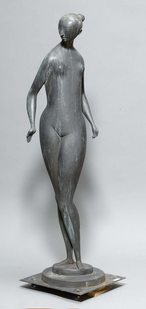MASCHERINI, MARCELLO (Udine 1906 - 1983 Padua) Standing figure. Bronze. 120 x 30 x 24 cm.