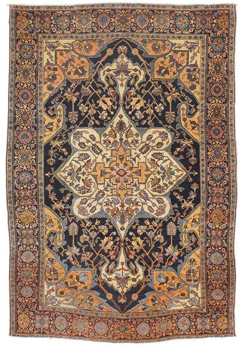 SAROUGH FERAGHAN antique.White central medallion on a black ground with pink corner motifs, the entire carpet is finely patterned with stylized floral motifs in attractive pastel colours, dark border with stylized flower, good condition, slightly shortened on one side, 190x125 cm.