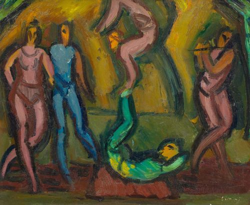 GIMMI, WILHELM (Zurich 1886 - 1965 Chexbres) Circus acrobats. Oil on canvas. Signed lower right: Gimmi. 37.7 x 46 cm.