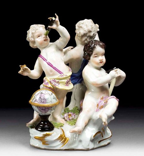 GROUP OF PUTTI AS ALLEGORY OF SCIENCE, Meissen, circa 1750.Underglaze blue sword mark. H 10cm. Small chips.