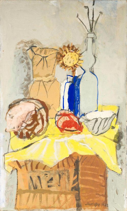 STOCKER, CARLOTTA (Lucerne 1921 - 1972 Zurich) Still life on a table. 1962. Tempera on canvas. Signed and dated lower right: Carlotta 1962. 120 x 73 cm.