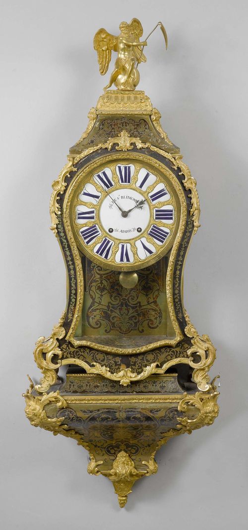 BOULLE CLOCK ON PLINTH,Louis XV, Paris, middle of the 18th century. The dial and movement signed DE ST.BLIMONT À PARIS. Inlaid with tortoiseshell and brass. Bronze applications designed as tendrils and angel heads, and Chronos on the top.  Bronze dial with enamel cartouches. Movement with anchor escapement, striking the hour on bell. 52x24x142 cm. Clock and plinth, probably associated. Requires restoration.