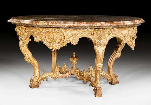 IMPORTANT CENTER TABLE,known as a "table de chasse", Louis XV, with NEUES PALAIS POTSDAM labels, circa 1750. Extraordinarily richly carved and gilt wood. "Rouge Royal" top. 160128x85 cm. Provenance: - Formerly part of the New Palace (Potsdam) collection. - From a European collection.